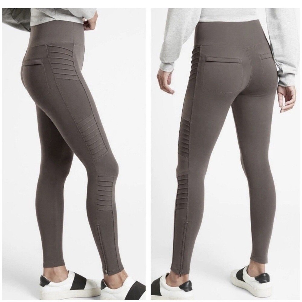Athleta Grey Delancey Gleam Moto Tight Sz Med/Tall Stretch Ankle Zip Back Pocket